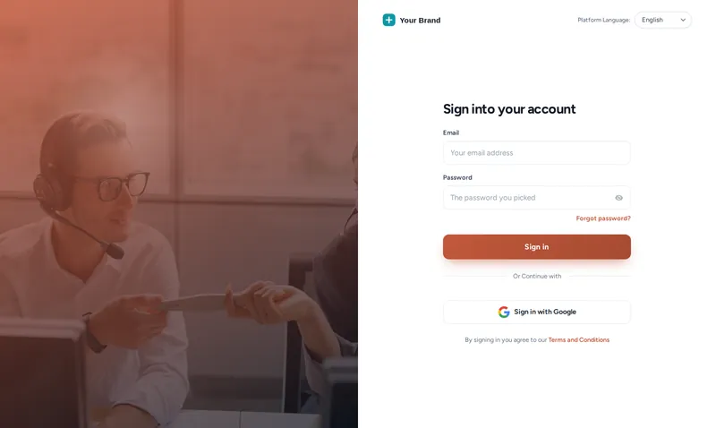 GoHighLevel login page in the Split hero design: a warm photo panel on the left and the sign-in form on the right