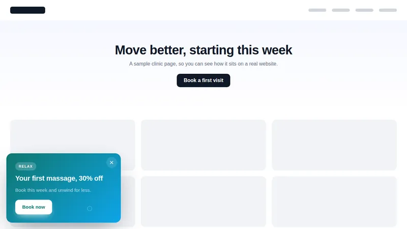 Calm bubbles popup offering 30% off a first massage, sliding in at the bottom left of a clinic website